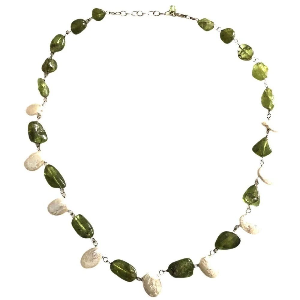 High Luster Freshwater Coin Pearl 17” + 2”extension Necklace Peridot Sterling